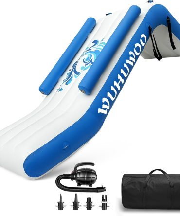 Pontoon Waterfall Slide, Inflatable Pontoon Boat Water Slide for Kids Backyard Pool Sea, Electric Air Pump & Storage Bag