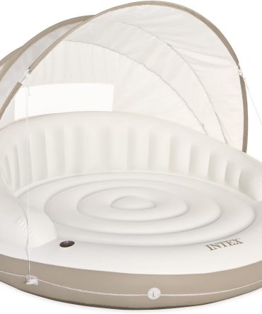 Canopy Island Inflatable Pool Float: Comfortable Lounge Surface – Built-in Cup Holders – Detachable Sunshade – 440lb Max Weight Capacity – 78.5′′ x 59′′