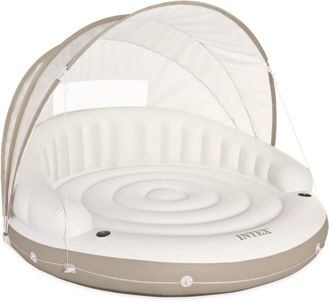 Canopy Island Inflatable Pool Float: Comfortable Lounge Surface – Built-in Cup Holders – Detachable Sunshade – 440lb Max Weight Capacity – 78.5′′ x 59′′