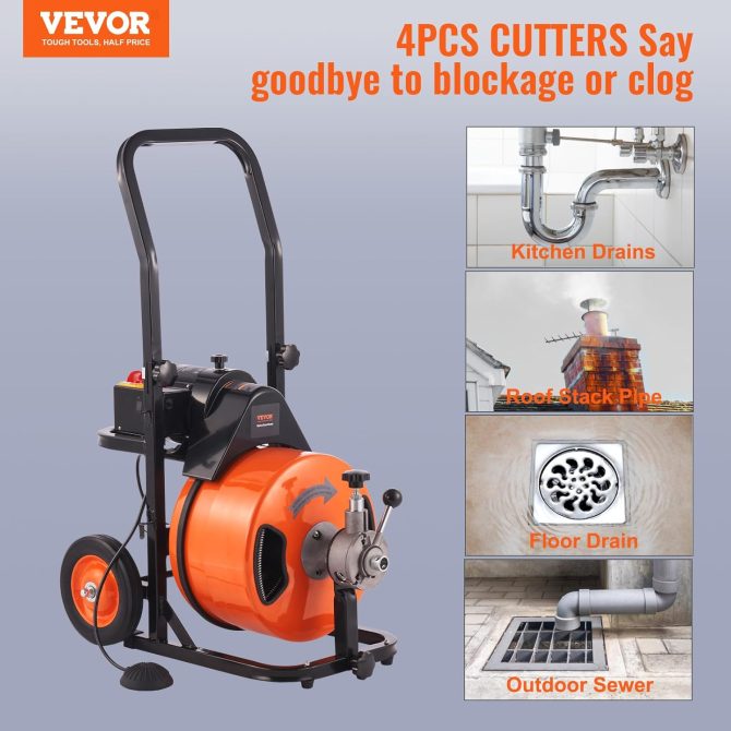 Drain Cleaner Machine 100FT x 1/2Inch, Auto Feed Sewer Snake Auger with 4 Cutter & Air-activated Foot Switch for 1′′ to 4′′ Pipes, Orange, Black - Image 2