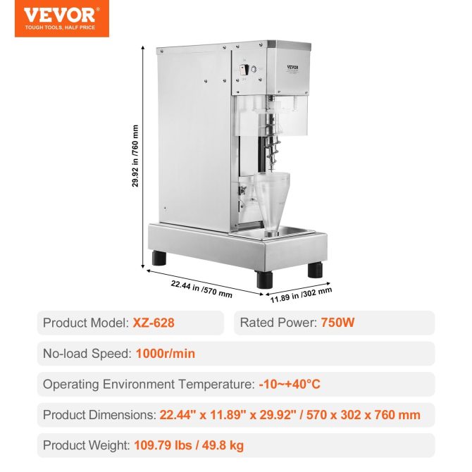 Vevor Ice Cream Blender 750W High Speed Mixer 1740 RPM 304 Stainless Steel New - Image 16