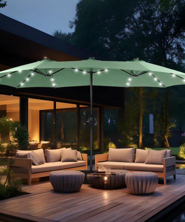 15ft Double Sided Patio Umbrella with Solar Lights, Outdoor Large Umbrellas with Crank Handle and 36 LED Lights, Rectangular Market Umbrella with Base Included for Deck Pool Shade