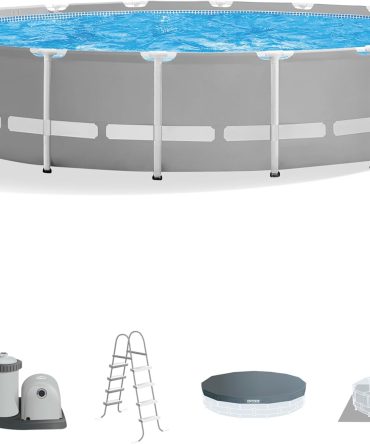 Above Ground Swimming Pool w/ Pump, Cover, & Ladder, 18′ x 48′′, Prism Frame, Gray – Outdoor Round Family Pool w/ Filter, 42-Inch Deep Water
