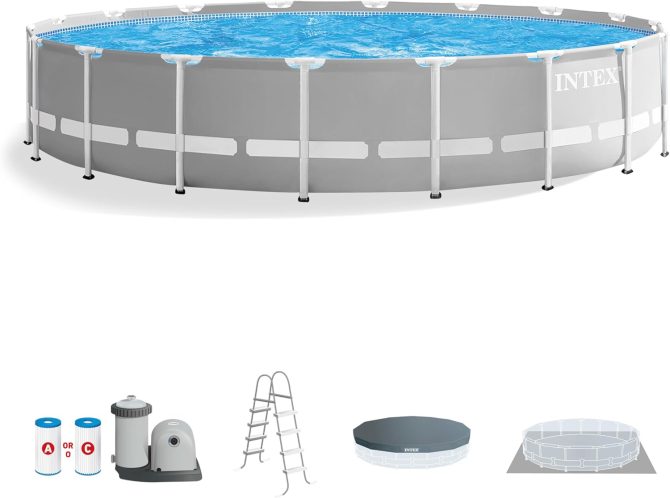 Above Ground Swimming Pool w/ Pump, Cover, & Ladder, 18′ x 48′′, Prism Frame, Gray – Outdoor Round Family Pool w/ Filter, 42-Inch Deep Water