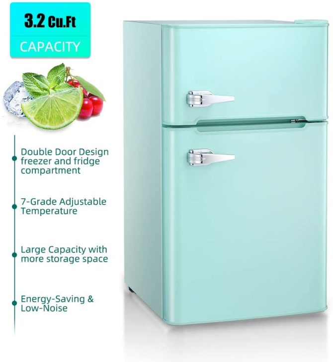 3.2 Cu.ft Compact Double Door Refrigerator with Freezer, Freestanding Mini Fridge with Top Door Upright Freezer for Home,Dorm,Office or RV with Removable Glass Shelves (Green) - Image 3