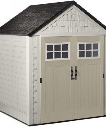 Rubbermaid 7×7 Ft Durable Weather Resistant Resin Outdoor Garden Storage Shed with Windows and Utility Hooks, Sand
