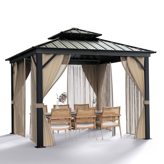 10’x10′ Hardtop Gazebo with double metal roof, aluminum frame, net, and curtain. All-weather, ideal for patio, deck, garden, backyard. Khaki. - Image 8