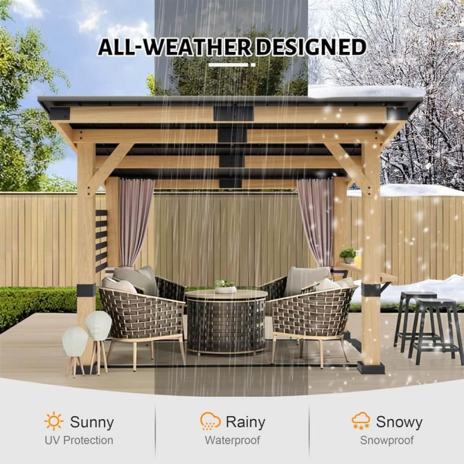 [10x12FT] Heavy Duty Premium Outdoor All-Season Wooden Cedar Hardtop Gazebo With Metal Roof & Back Curtains (SAK57184) - Image 9