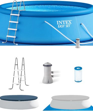 Easy Set Inflatable Swimming Pool Set: 15ft x 48in – Includes 1000 GPH Cartridge Filter Pump – Removable Ladder – Pool Cover – Ground Cloth