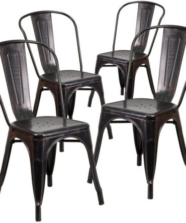 Flash Furniture Commercial Grade 4 Pack Black-Antique Gold Metal Indoor-Outdoor Stackable Chair