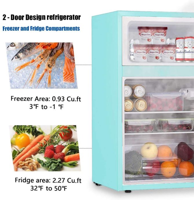 3.2 Cu.ft Compact Double Door Refrigerator with Freezer, Freestanding Mini Fridge with Top Door Upright Freezer for Home,Dorm,Office or RV with Removable Glass Shelves (Green) - Image 6