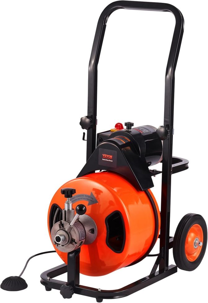 Drain Cleaner Machine 100FT x 1/2Inch, Auto Feed Sewer Snake Auger with 4 Cutter & Air-activated Foot Switch for 1′′ to 4′′ Pipes, Orange, Black - Image 10
