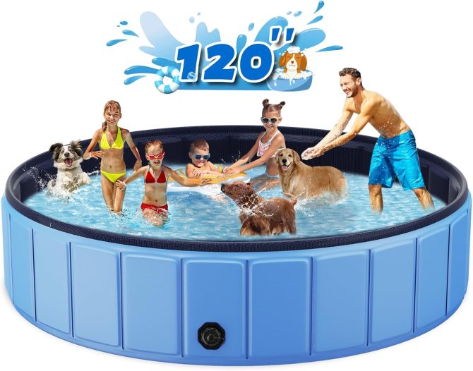 Foldable Dog Swimming Pool, 120′′x20′′ Oversize Collapsable Hard Plastic Potable Bathing Tub for Pet Dog Kiddie Pool Indoor and Outdoor Leakproof PVC Play Pool for Large Dogs Pets Puppy Kids Blue - Image 2