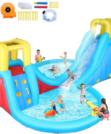 Inflatable Water Slide, 6 in 1 Outdoor Inflatable Water Park with Climbing, Basketball Rim, Splash Pool, Water Cannon, Blow up Water Slides for Kids Backyard