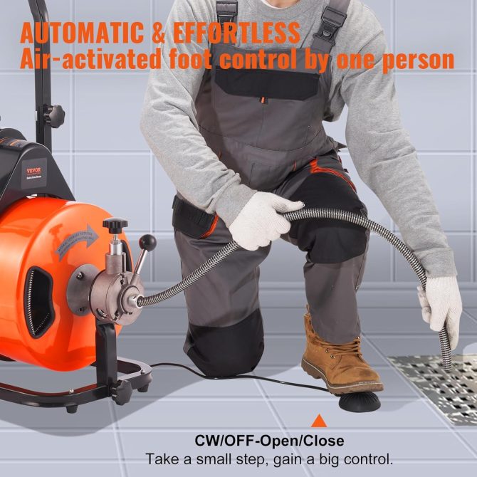 Drain Cleaner Machine 100FT x 1/2Inch, Auto Feed Sewer Snake Auger with 4 Cutter & Air-activated Foot Switch for 1′′ to 4′′ Pipes, Orange, Black - Image 4