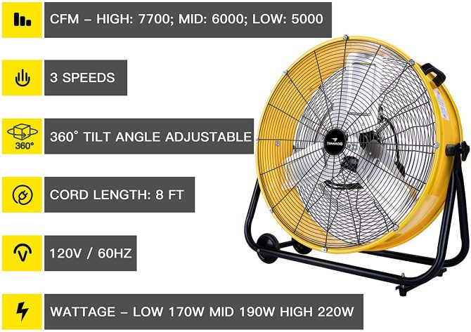 Tornado 24 Inch Grade UL Listed High Velocity Movement Heavy Duty Drum 3 Speed Air Circulator Fan 7800 CFM-Industrial, Commercial, Residential, and Greenhouse Use, Yellow - Image 3