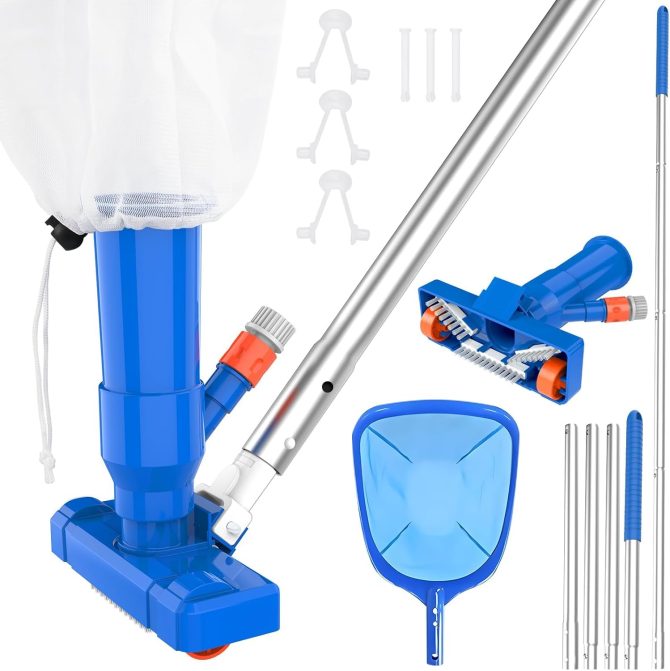4 Section Poles of 68′′ Portable Pool Vacuum Cleaner Kit with Pool Skimmer Net, Unique Lock Catch Design,Handheld Pool Vacuum Jet Cleaner for Above Ground Pools Pool, Pond, Fountain Clean