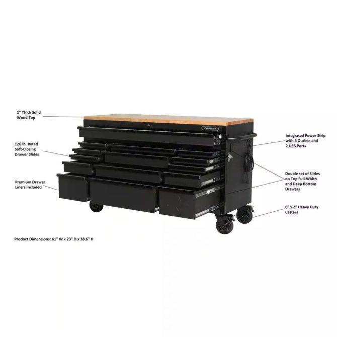 Heavy Duty 61 in. W x 23 in. D 15-Drawer Mobile Workbench with Solid Wood Top - Image 3