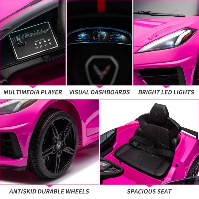 12V Kids Ride on Car Licensed Corvette Battery Powered Car Toddles Electric Sports Car Toy with Remote Control, Visual Dashboard, LED Lights, Music, Gifts for Boys Girls, Rose Red - Image 12