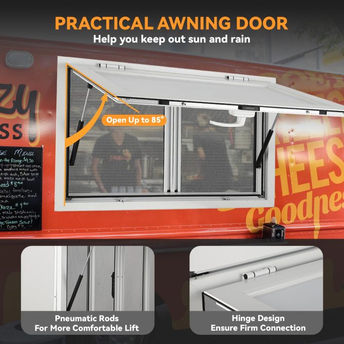 Concession Window 36W x 36H Aluminum Alloy Food Truck Service Window with Sliding Screens & Awning Door, Hydraulic Lift, Locking Mechanism, Versatile for Catering - Image 14