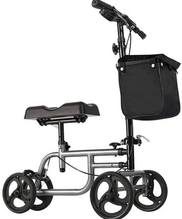 4 Wheels Knee Scooter Walker, All Terrain Rolling Steerable Adjusted Height Walking Aid with Storage Bags