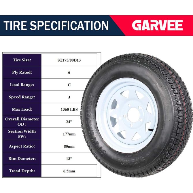 Set of 2 Trailer Tires Rims 175-80 5 Lug 6PR White Spoke Wheel Load Range C - Image 8