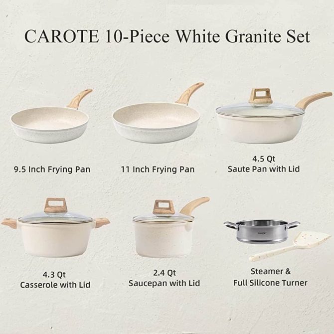 CAROTE Pots and Pans Set Nonstick, White Granite Induction Kitchen Cookware Sets, 10 Pcs Non Stick Cooking Set w/Frying Pans Saucepans - Image 12
