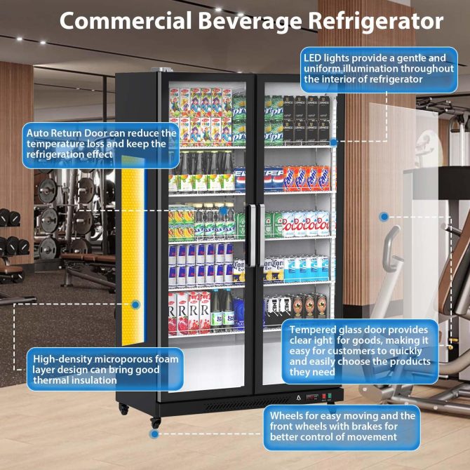 Commercial Refrigerator, Glass Door with LED Lighting – Upright Beverage Display Cooler for Home, Store, Gym, or Office, Featuring Double Swing Doors and 39 cu.ft - Image 9