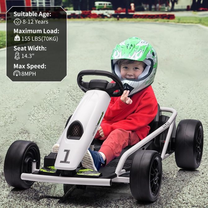 24V Go Kart for Kids 8-12, 300W*2 Motors, 9Ah Battery, 8MPH Speed, Music, Horn, 175lbs Max Load – White - Image 8