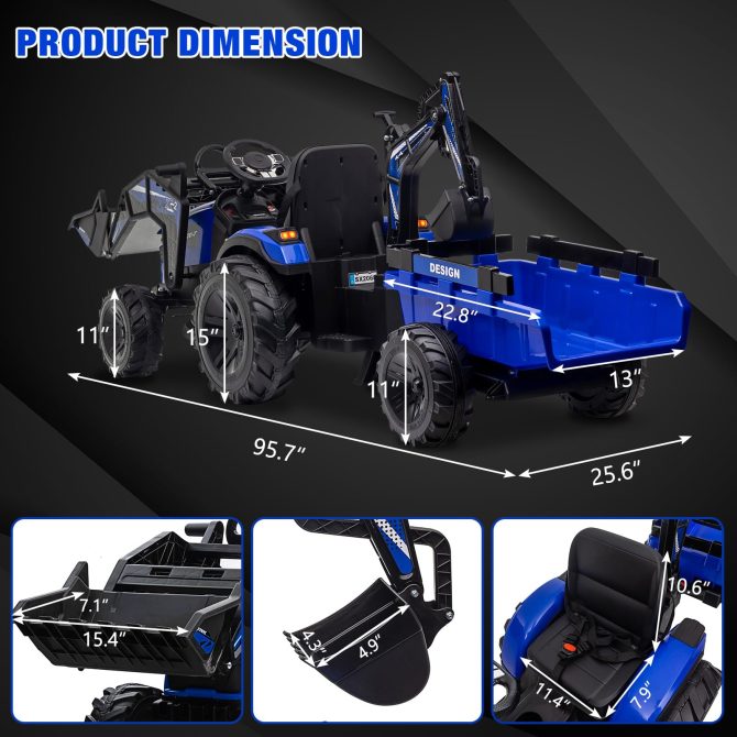 3-in-1 Ride-On Tractor, 24V Electric, Excavator & Bulldozer, Remote Control, LED, Music, USB/Bluetooth max 66 lbs – Bright-blue - Image 16