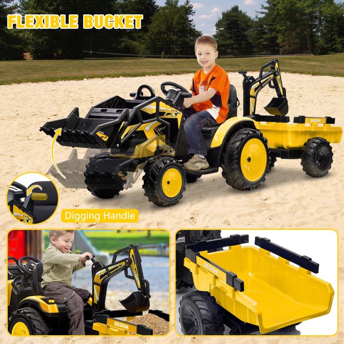 3-in-1 Ride-On Tractor, 24V Electric, Excavator & Bulldozer, Remote Control, LED, Music, USB/Bluetooth max 66 lbs – Bright-yellow - Image 12