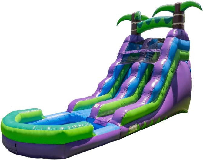 16′ Purple Tropical Lightweight Premium Commercial Grade Water Slide Inflatable with Attached Pool for Kids and Adults (with Blower), Wet Dry Use, Summer Fun